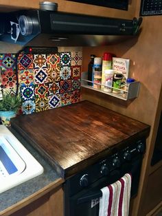 the kitchen counter is clean and ready to be used as a spice rack for spices