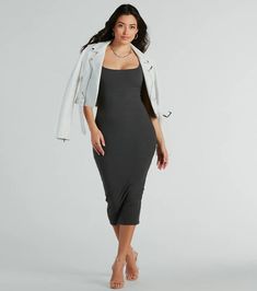 This bodycon midi dress is the perfect blend of effortless and chic! Designed with a stretchy ribbed knit fabric for that comfortable fit, this dress features a trendy sleeveless square neck and back design with tank shoulder straps. The ribbed design on the body-hugging silhouette will flaunt your gorgeous figure. Short Graduation Dresses, White Dresses Graduation, Backless Dress Short, Prom Dress Shoes, Black Tie Wedding Guests, Homecoming Outfits, Hugging Silhouette, Your Gorgeous, Sequin Prom Dresses