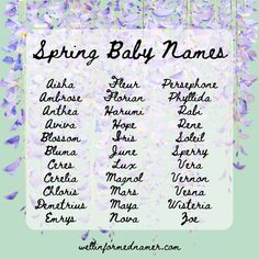 Spring Baby Names: Aisha, Ambrose, Anthea, Aviva, Blossom, Bluma, Ceres, Cerelia, Chloris, Demetrius, Emrys, Fleur, Florian, Harumi, Hope, Iris, June, Lux, Magnol, Mars, Maya, Nova, Persephone, Phyllida, Rabi, Rene, Soleil, Sperry, Vera, Vernon, Vesna, Wisteria, Zoe. Spring Names, Flower Baby Names, Mythological Names, Spring Meaning, May Name, Nature Names, Green Things, Name Inspiration, Spring Girl