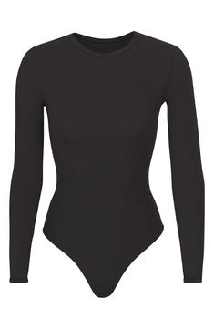 SKIMS Fits Everybody Long Sleeve Thong Bodysuit in Onyx at Nordstrom, Size Xx-Small