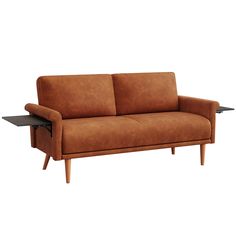 a brown couch with a black tray on it's arm and the seat upholstered