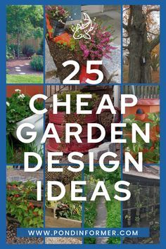 the cover of 25 cheap garden design ideas, with images of different plants and flowers