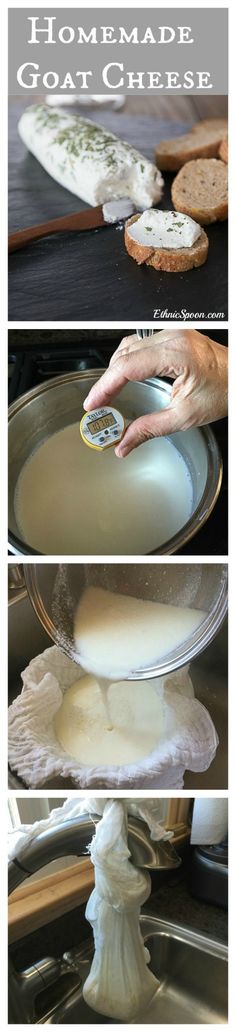 the process for making homemade goat cheese is shown in three different pictures, including an image of