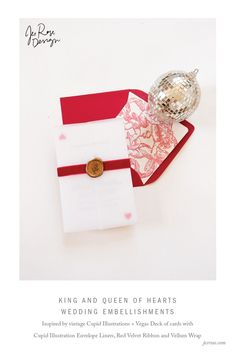 Red and Pink wedding stationery with heart icons, a vintage cupid pattern, and disco balls