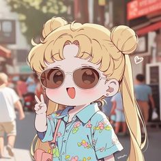 a cartoon girl with sunglasses making the peace sign while standing on a city street in front of people