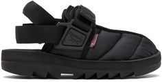 Quilted PrimaLoft®canvas sandals in black. Round toe. Adjustable Velcro fastening vamp and heel. Molded foam rubber footbed in off-white. Tonal treaded rubber sole. Logo-engraved black hardware. Supplier color: Core black/Core black Casual Open Toe Sport Sandals With Rubber Waffle Outsoles, Black Sandals With Rubber Sole For Outdoor Activities, Nylon Sport Sandals With Removable Insole For Streetwear, Black Slides With Textured Sole For Outdoor, Sporty Nylon Sport Sandals With Rubber Sole, Leather Sandals With Textured Footbed For Streetwear, Nylon Sport Sandals With Cushioned Footbed For Streetwear, Slip-on Sandals With Textured Sole For Streetwear, Cushioned Nylon Sport Sandals For Streetwear