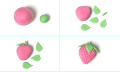 four different pictures of strawberries and strawberrys with green leafy leaves on them