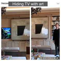 two pictures of a man standing in front of a tv