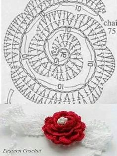 a crochet rose on top of a piece of paper next to a drawing