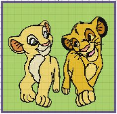 the lion and cub cross stitch pattern is shown on a green background with blue squares