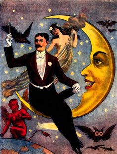 a man in a tuxedo flying over the moon with two women on his shoulders