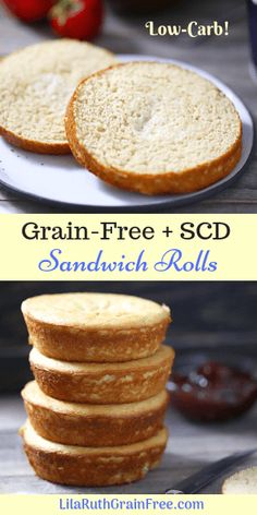 grain - free and sod sandwich rolls on a white plate with strawberries in the background