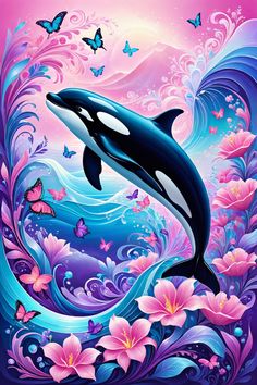 an orca whale jumping out of the water with flowers and butterflies around it on a pink background