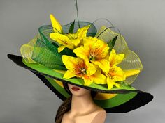 "Vogue hats are perfect for horse racing events, church, the Kentucky derby, weddings, garden tea parties and charity events. One size hat.(20.5\"-22.5\") adjustable inner band Brim is 10\". Wired brim. Light weight. THIS HAT IS NOT RETURNABLE AND IS NON-REFUNDABLE. Please visit my other shop https://www.etsy.com/shop/BridalWorldAccessory Thank you very much for shopping at my shop. Have a great day." Green Spring Hats For Country Events, Green Hats For Spring Country Events, Green Hats For Country Events In Spring, Elegant Top Hat For Kentucky Derby, Elegant Hats For Kentucky Derby And Country Events, Green Hat For Kentucky Derby And Country Events, Spring High Crown Top Hat For Church, Green Top Hat For Spring Church Occasion, Green Top Hat For Spring Races