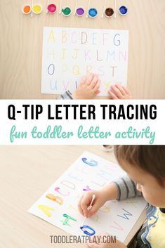 a young boy sitting at a table with letters on it and the words q - tip letter