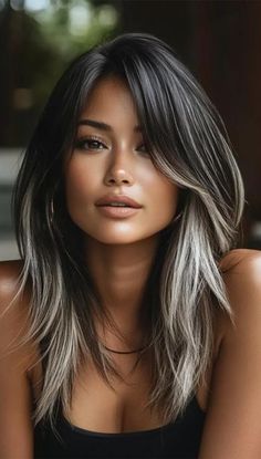 Dark With Ash Highlights, Dark And Gray Hair, Dark Hair With Grey Balayage, Silver Peekaboo Highlights, Ash Gray Highlights On Black Hair, Ash Grey Highlights On Dark Hair, How To Hide Grays In Dark Hair, Gray Streak In Front Of Hair