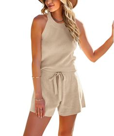 PRICES MAY VARY. These women's lounge set are knit, slight strtech and easy on the skin, will keep you from daily stresses and provide you a soft and comfortable. Top: sleeveless, halter neck, relaxing fit casual tank tops. Shorts: Tie knot front, Drawstring waist, plain color shorts for women and girl. The 2 piece shorts set is suit for casual, daily, shopping, beach, vacation, home wear, etc Machine washable, better hand wash in cold water; Do not bleach; Hang flat to dry. 2 Piece Women Lounge Womens Lounge Outfits, Halter Outfit, Retro Overalls, Jumpsuit Jeans, Knit Lounge Set, Womens Loungewear Sets, Linen Overalls, Tank Top Outfits, Jumpsuit Pattern