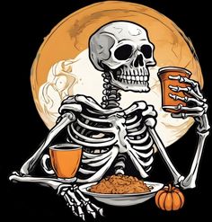 a skeleton holding a cup of coffee while sitting in front of a full moon