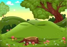 a cartoon scene with a tree stump in the foreground and mushrooms on the ground