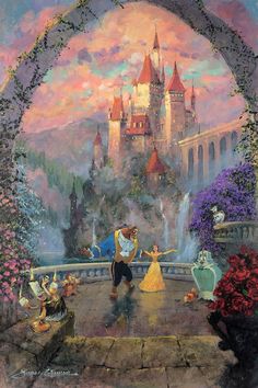 a painting of disney and prince dancing in front of a castle