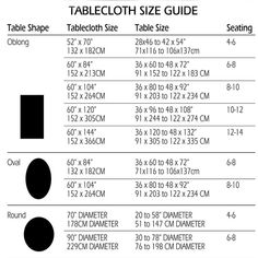 the tablecloth size guide is shown in black and white, with measurements for each item