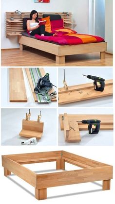 the bed frame is made out of wood and has tools attached to it, as well