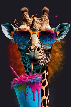 a giraffe wearing sunglasses and drinking a drink