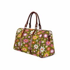 Bring a hippie-dippy style to all your journeys with this Groovy Hippie Daisy Flower Power Travel Bag. Crafted from water-resistant fabric with brown PU leather handles and an adjustable shoulder strap, it will keep your belongings safe and secure on all your trips – no matter how far out they are! Key Features One size: 20" × 12'' × 9" (50.8cm × 30.5cm × 23cm ) 100% high-grade microfiber PU leather: Microfiber leather is a type of synthetic leather, made from a combination of microfiber non-wov Casual Bags For Weekend Trips In Spring, Casual Spring Bags For Weekend Trips, Casual Travel Bag With Floral Print, Casual Floral Print Travel Bag, Casual Brown Bag For Trips, Green Floral Print Travel Bag, Brown Floral Print Bag For Everyday Use, Brown Floral Print Shoulder Bag For Travel, Brown Floral Print Shoulder Bag For Daily Use