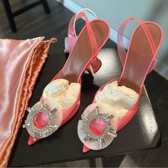 Brand New Amina Muaddi Heels In Pink. Comes With Body And Dust Bag. New Excellent Condition. Box Has A Few Marks Here And There. Elegant Pink Heels For Fashion Events, Muaddi Shoes, Amina Muaddi Begum, Amina Muaddi Heels, Amina Muaddi Shoes, Yellow Pumps, Heels Pink, Crystal Heels, Crystal Sandals