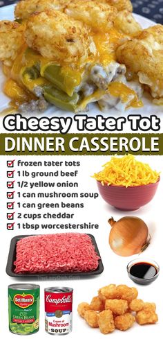 cheesey tater tot dinner casserole recipe with ingredients on the side