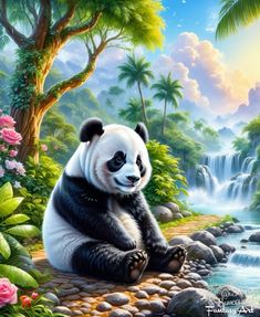 a panda bear sitting on top of a rock next to a river and waterfall in the jungle