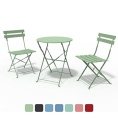 two chairs and a table with different colors in the same color swatches for each chair