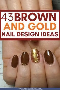 Brown Gold Acrylic Nails, Brown And Gold Glitter Nails, Short Square Brown Nails, Gold Brown Nails, Square Brown Nails, French Brown Nails, Brown And Gold Nails Designs, Brown Nail Colors, Brown Nails Short