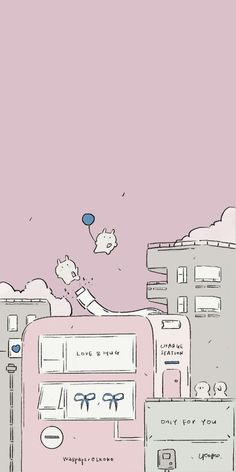 an image of a city with buildings and balloons in the sky