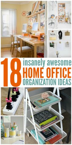 the collage shows many different items in this home office organization idea book, including bookshelves and desks