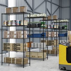 an industrial storage area with shelves and boxes