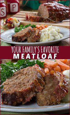 meatloaf with carrots and mashed potatoes on the side