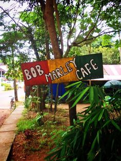 a sign that says bob marley cafe hanging from a tree