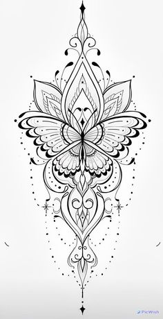 a black and white drawing of a flower with intricate designs on the back of it