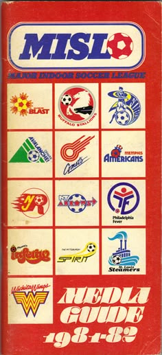 the front cover of a book with many different sports related items in red, white and blue