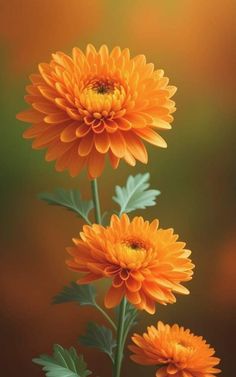 three orange flowers with green leaves in the foreground