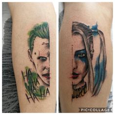 two pictures of joker and harley tattoos on the legs