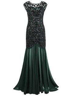 Green 1920s Sequin Embellished Maxi Flapper Dress Flapper Prom Dress, 1920s Inspired Dresses, 1920s Evening Dress, Cocktail Length Dress, Full Gown, Very Short Dress, Ball Ideas, Prom Ball Gown