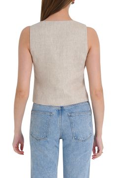 Tailored seaming defines the fit of this linen vest you'll love wearing layered or letting it star solo in your look. 20" length (size medium) Front button closure Square neck Front welt pockets Lined 100% linen Hand wash, dry flat Imported Fitted Linen Tank Top For Spring, Fitted Linen Casual Tank Top, Fitted Sleeveless Linen Vest, Summer Linen Vest For Layering, Beige Linen Spring Vest, Summer Layering Linen Vest, Fitted Linen Top In Beige, Linen Sleeveless Vest For Layering, Fitted Beige Linen Top