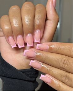 Pretty Blue Nails Acrylic Simple Short Coffin Nail Ideas, Kylie Nails, Pink Tip Nails, Pink French Nails, Pink Coffin, Manikur Kuku, Easy Nails