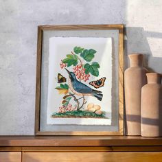 a painting of two birds sitting on top of a wooden shelf next to vases