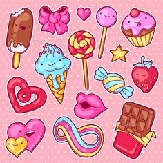 an assortment of candy and sweets on a pink background