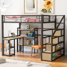 a loft bed with desk underneath it in a living room next to a book shelf