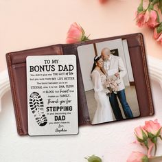 a couple's personalized wallet with a card attached to it