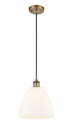 Includes 10 feet of cord. Slope ceiling compatible. 4.5 inch 2mm heavy cast canopy. Innovations Lighting Bristol Glass Brushed Brass Industrial Opal Glass Dome Medium Hanging Pendant Light | 516-1P-BB-GBD-91 Hanging Pendant Light, Hanging Pendant, Hanging Pendant Lights, Glass Dome, Hanging Pendants, Glass Domes, Sloped Ceiling, Brushed Brass, Decor Lighting